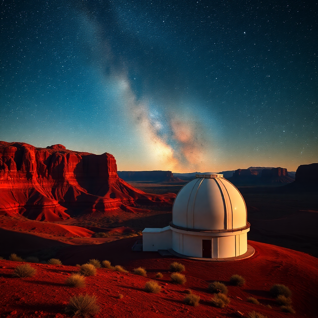 Utah high desert landscape at night with observatory dome under starry sky, red rock formations, Milky Way visible, cinematic photography